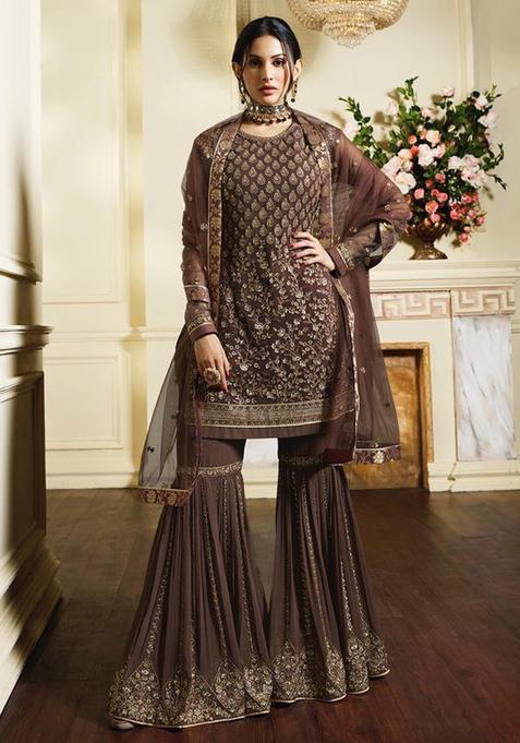 Brown Zari Work Satin Kurta Set