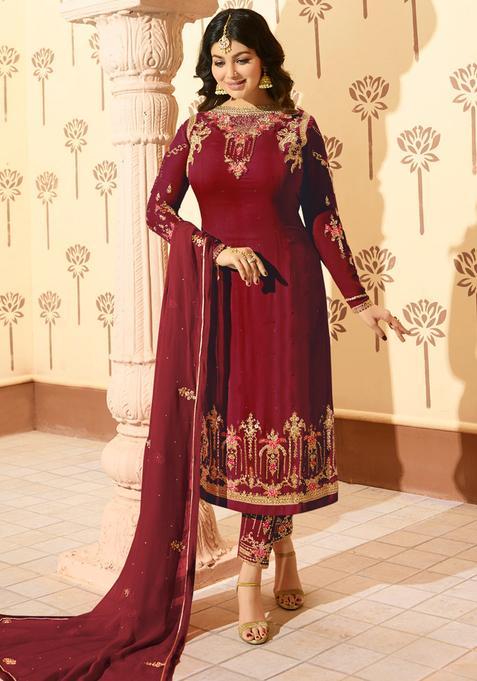 maroon Embroidery Georgette Kurta Set