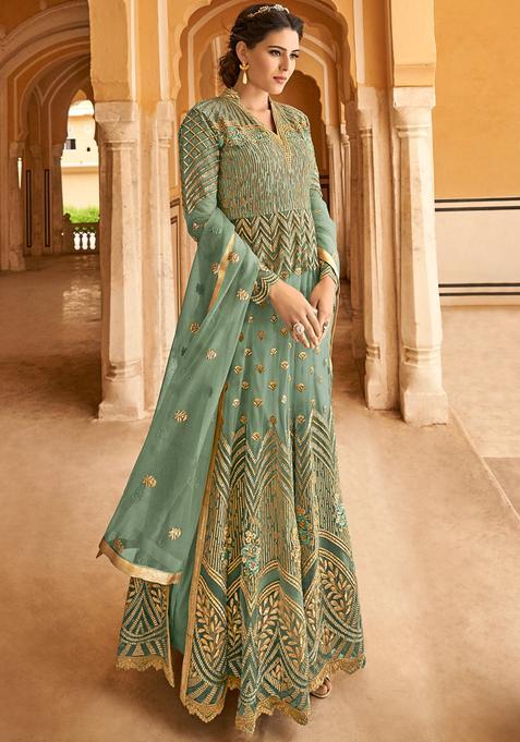 Green Embroidery Net Kurta Set
