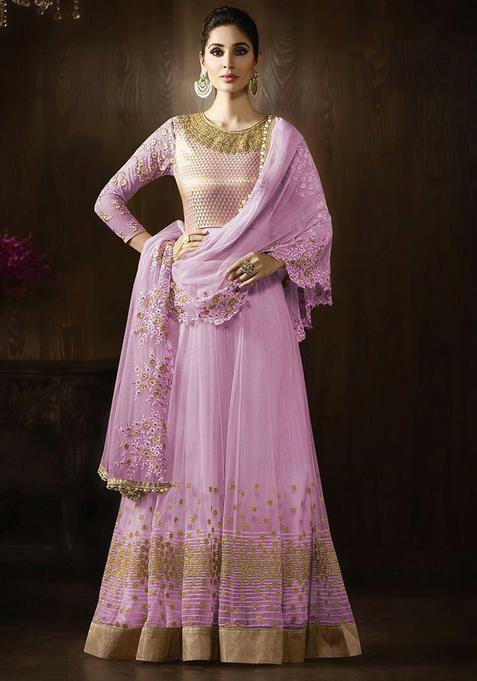 Lavender Embroidery Net Kurta Set