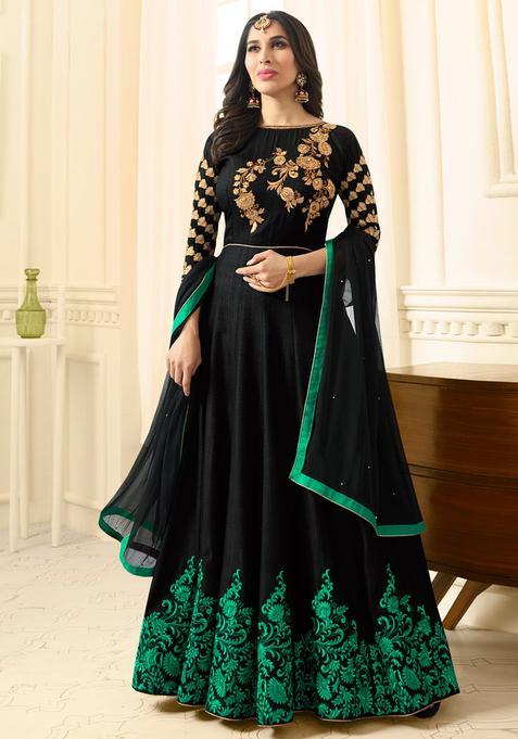 Black Embroidery Silk Kurta Set