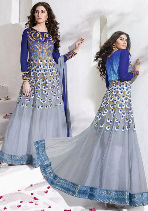 Grey Embroidery Net Kurta Set