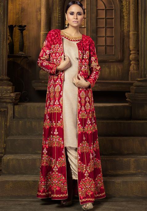Red Embroidery Silk Kurta Set