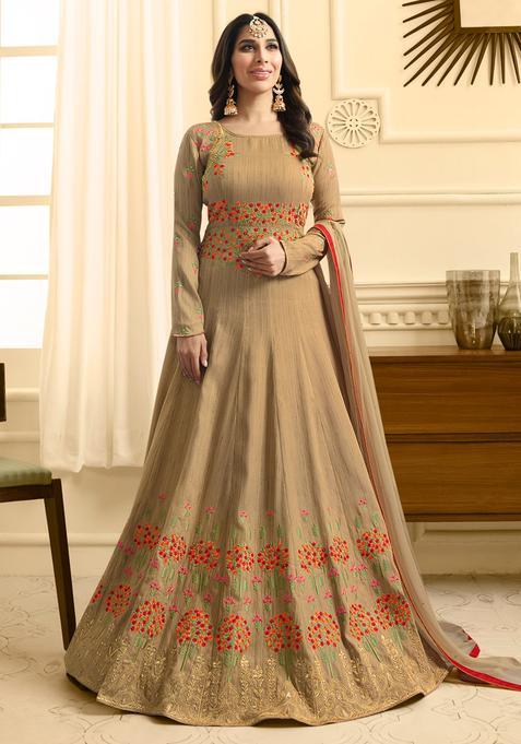 Beige Embroidery Silk Kurta Set