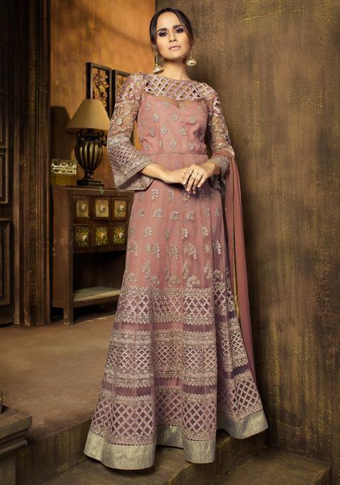 Pink Embroidery Net Kurta Set