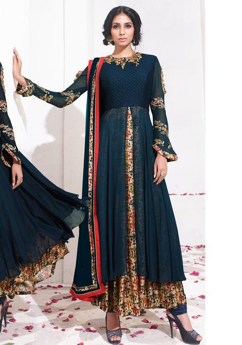 Blue Embroidery Georgette Kurta Set