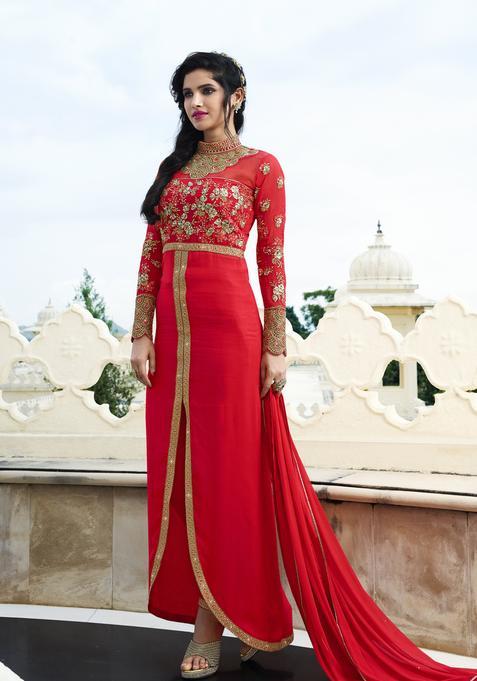 Red Embroidery Georgette Kurta Set