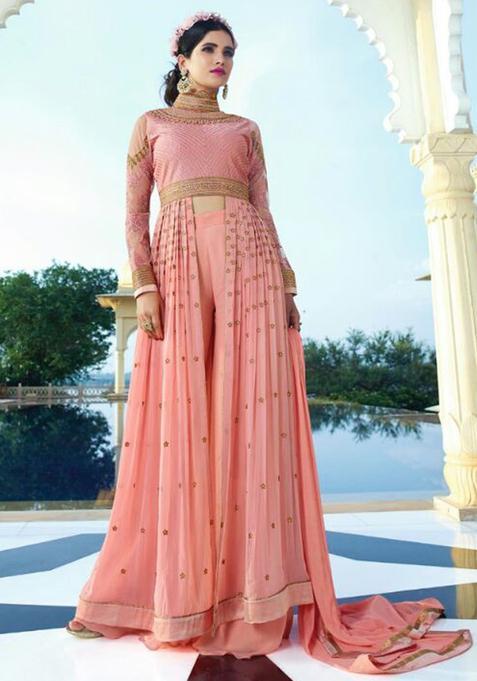 Peach Embroidery Georgette Kurta Set