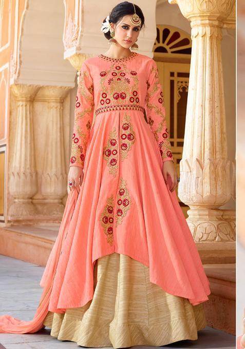 Peach Embroidery Silk Kurta Set