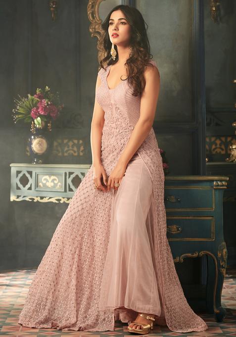 Pink Zari Work Net Kurta Set