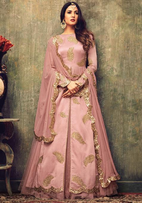Pink Sequins Embroidery Work Crepe Kurta Set
