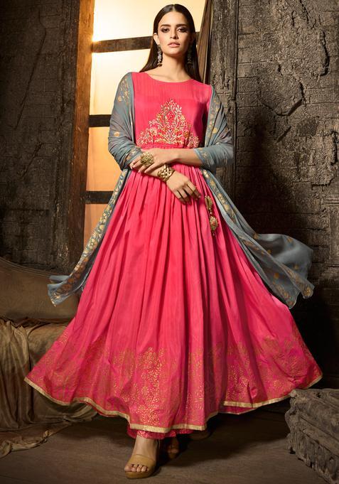 Pink Sequins Embroidery Work Muslin Kurta Set