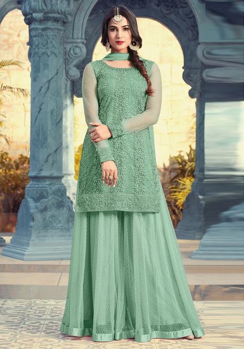 Sea Green Sequins Embroidery Work Net Kurta Set