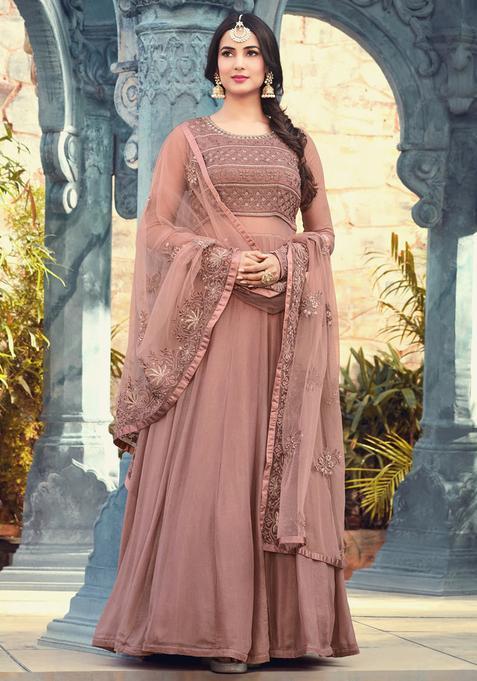 Mauve Sequins Embroidery Work Georgette Kurta Set