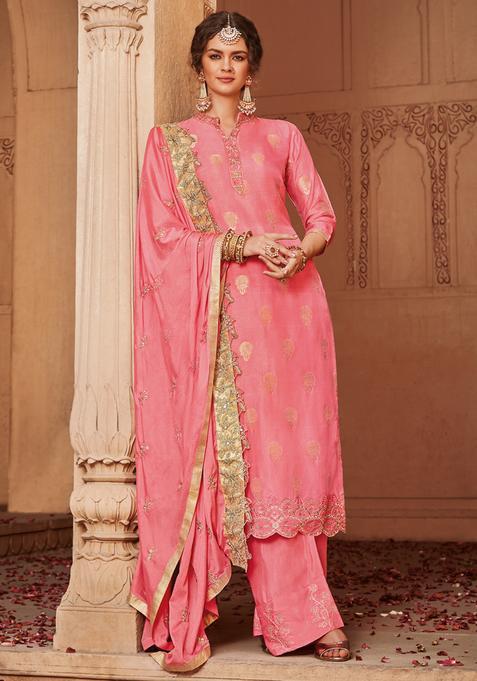 Pink Sequins Embroidery Work Banarasi Jacquard Kurta Set