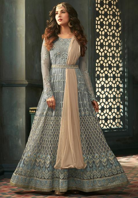 Grey Sequins Embroidery Work Net Kurta Set