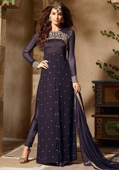 Purple Zari Work Georgette Kurta Set