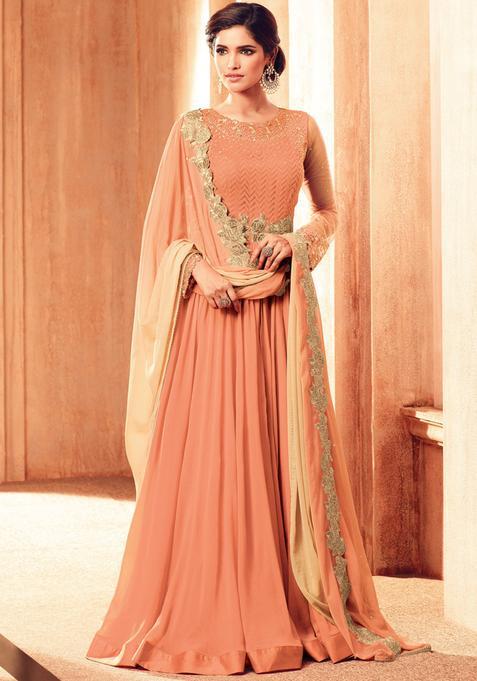 Peach Zari Work Georgette Kurta Set