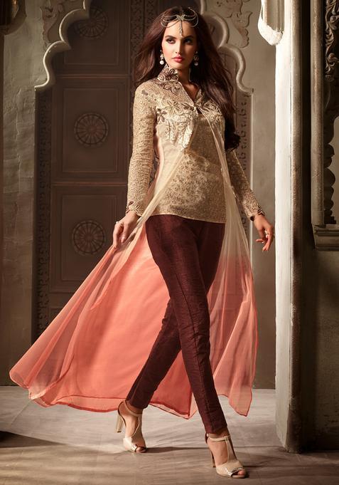 Beige Zari Work Net Kurta Set