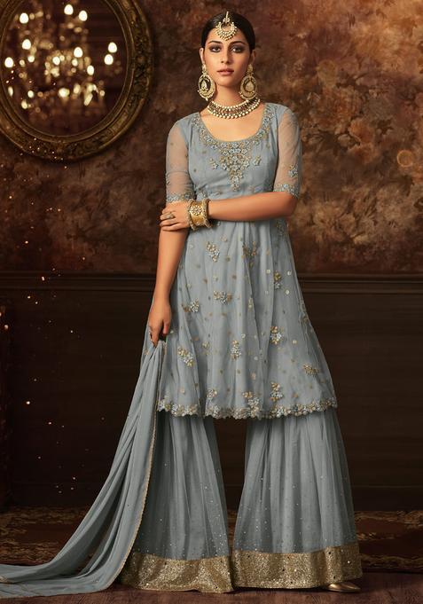 Grey Sequins Embroidery Work Net Kurta Set