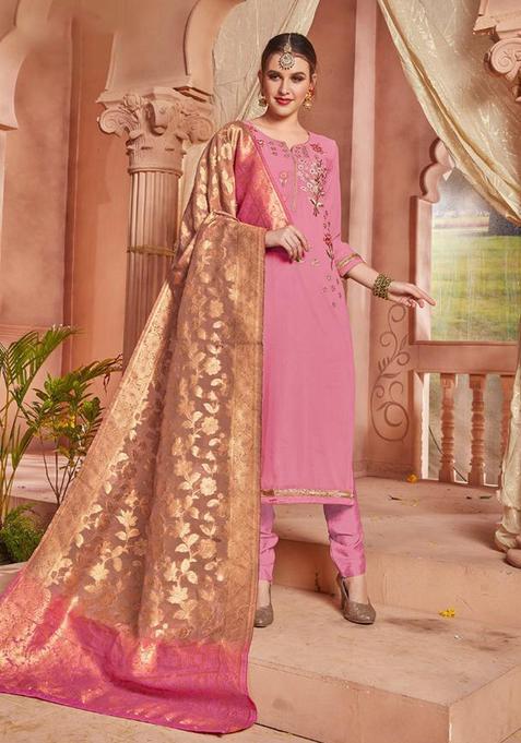 Pink Zari Work Georgette Kurta Set