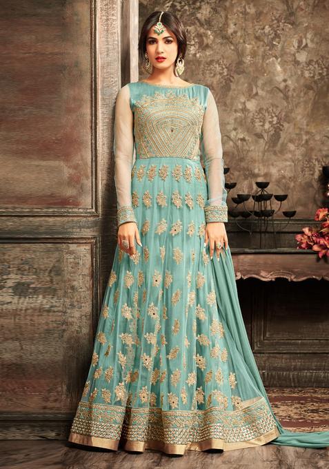 Green Sequins Embroidery Work Net Kurta Set