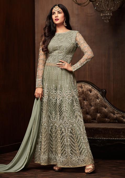 Green Sequins Embroidery Work Net Kurta Set