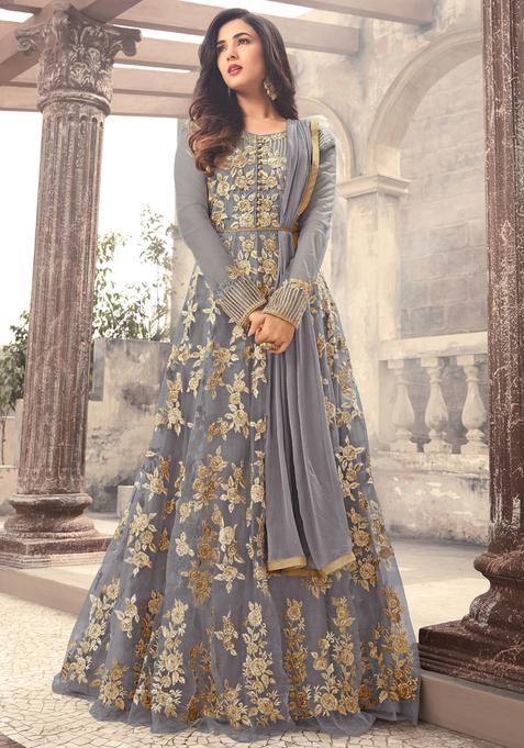Grey Zari Work Net Kurta Set