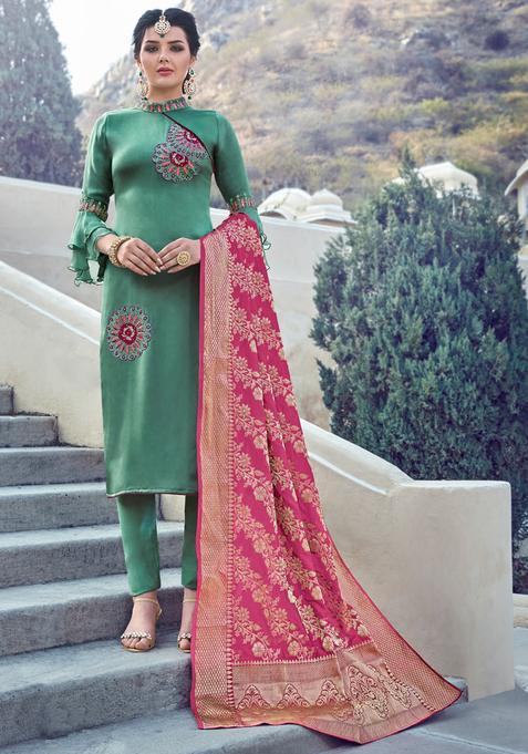Green Zari Work Silk Kurta Set