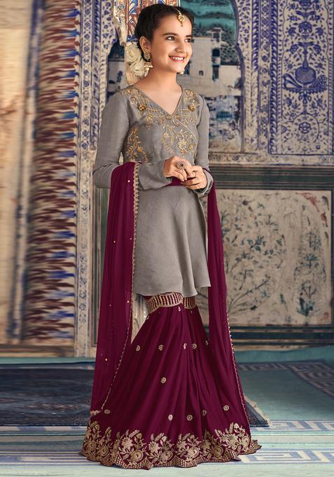 Grey Sequins Embroidery Work Georgette Kurta Set