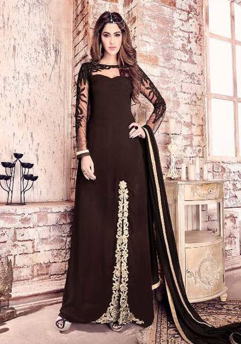 Brown Zari Work Georgette Kurta Set
