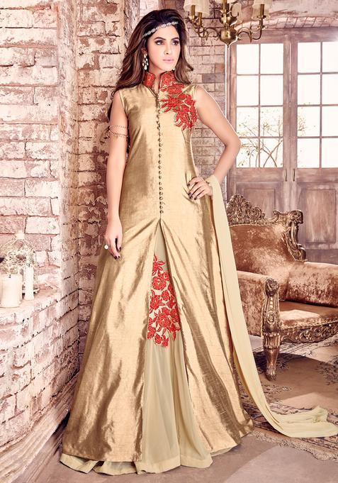 Beige Zari Work Silk Kurta Set