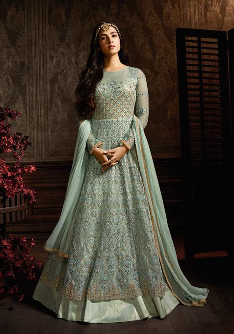 Green Sequins Embroidery Work Net Kurta Set