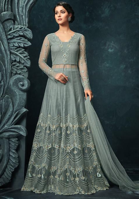 Grey Sequins Embroidery Work Net Kurta Set