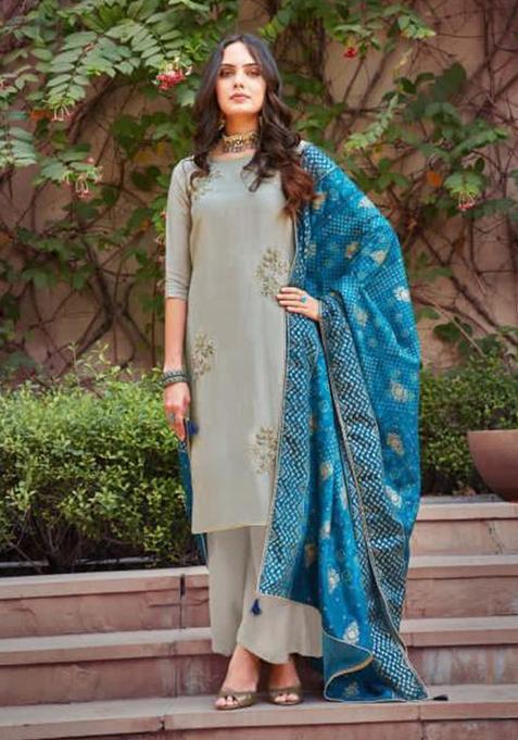 Grey Sequins Embroidery Work Silk Kurta Set
