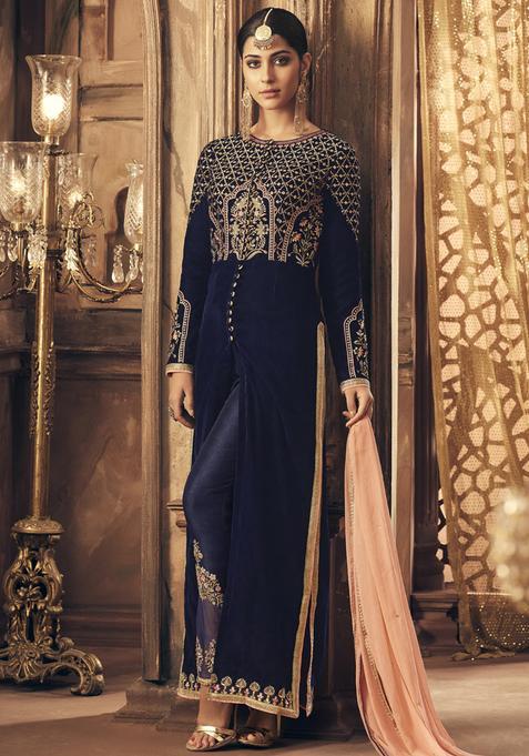 Blue Sequins Embroidery Work Velvet Kurta Set