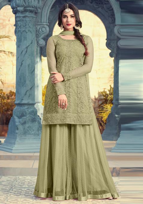 Green Sequins Embroidery Work Net Kurta Set
