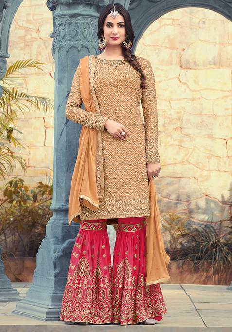 Peach Sequins Embroidery Work Georgette Kurta Set