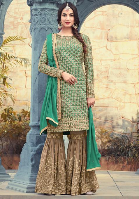 Green Sequins Embroidery Work Georgette Kurta Set