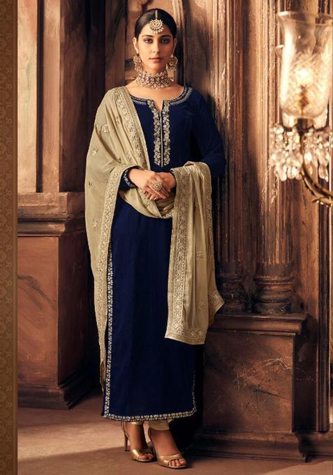 Blue Sequins Embroidery Work Velvet Kurta Set