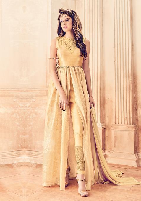 Beige Brasso Diamond Work Net Kurta Set