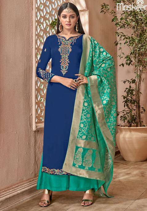 Blue Sequins Embroidery Work Georgette Kurta Set