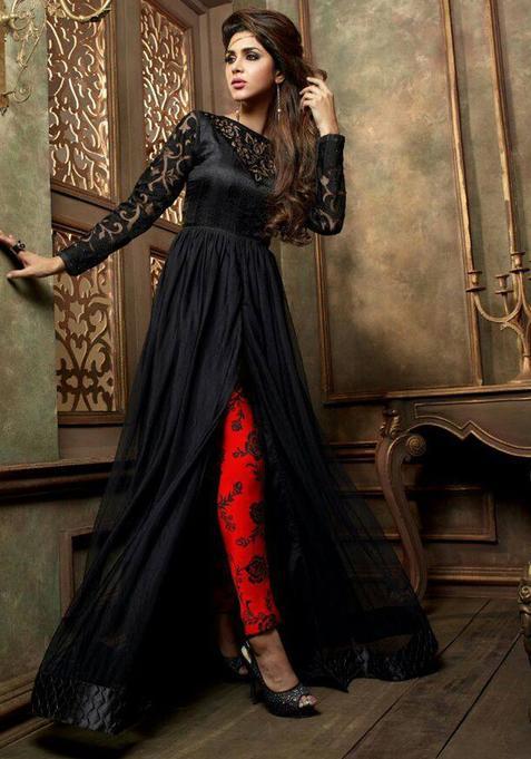 Black Sequins Embroidery Work Net Kurta Set