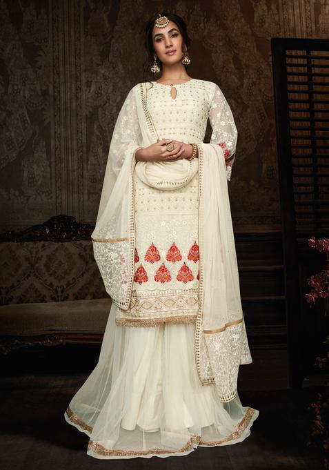 White Embroidery Georgette Kurta Set
