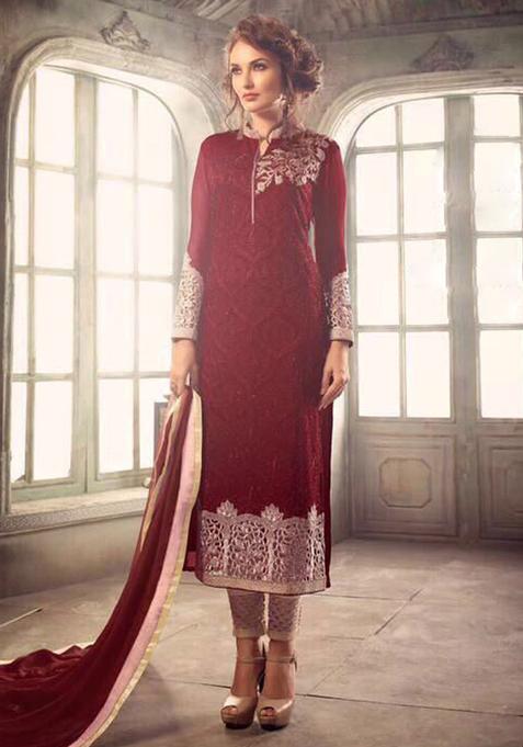 maroon Embroidery Georgette Kurta Set