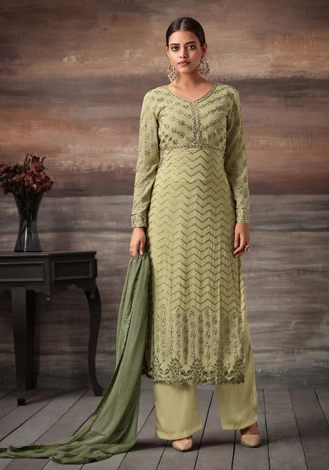 Green Embroidery Georgette Kurta Set