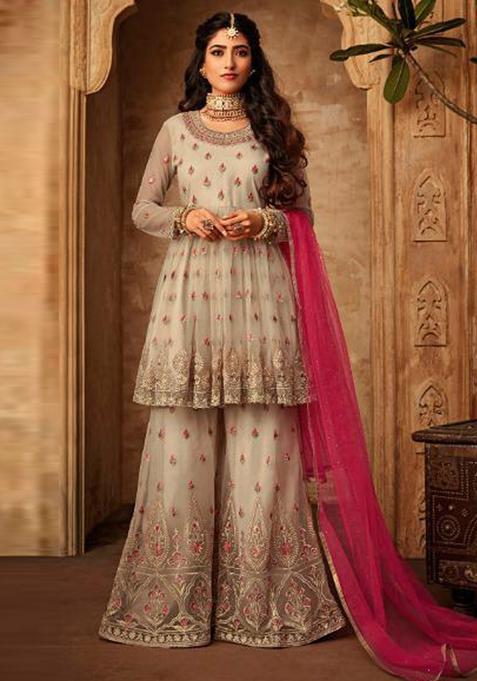 Beige Embroidery Net Kurta Set
