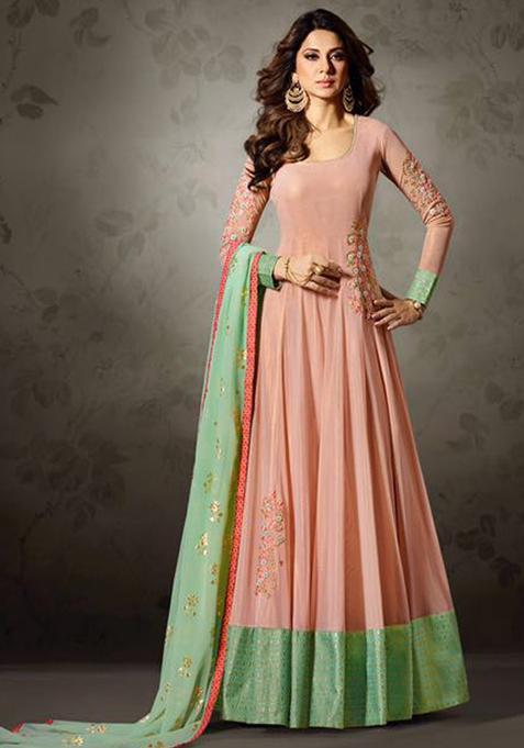 Peach Patch Work Net Kurta Set