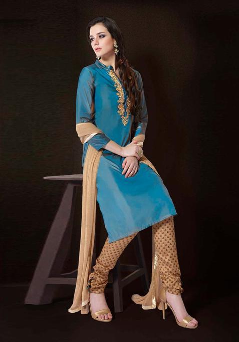 Blue Patch Work Silk Kurta Set