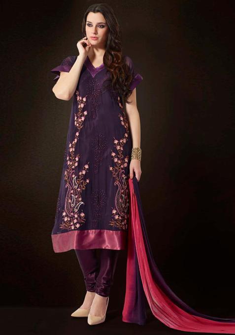 Wine Embroidery Georgette Kurta Set